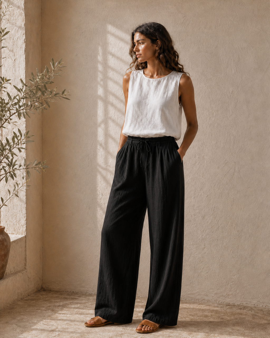 Cove & Linen High-Rise Drawstring Linen-Blend Pants view 14