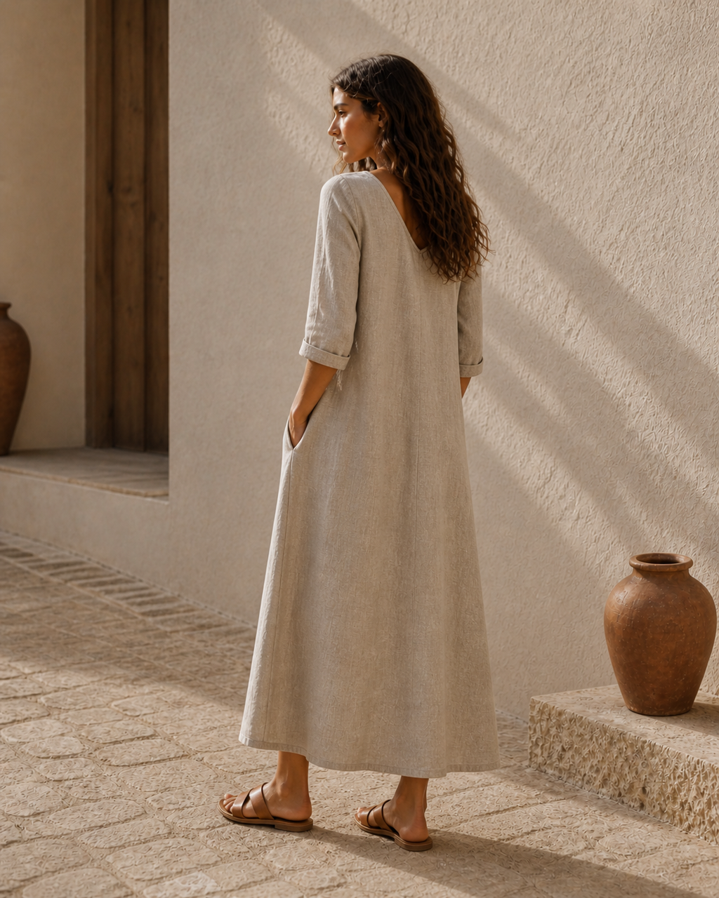 Cove & Linen Long-Sleeve Linen-Blend V-Neck Dress view 3