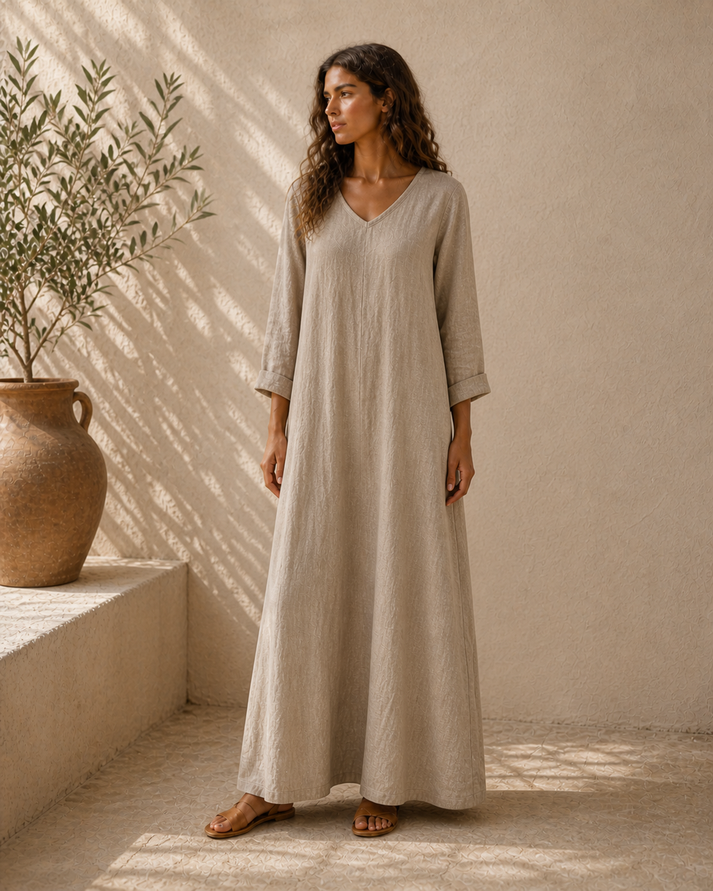 Cove & Linen Long-Sleeve Linen-Blend V-Neck Dress view 2