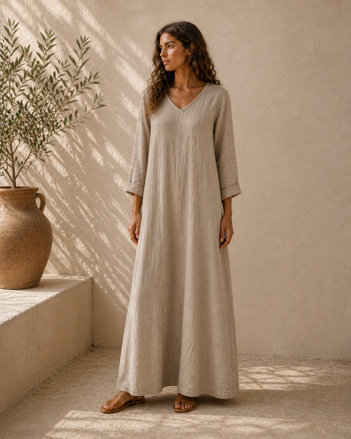 Cove & Linen Long-Sleeve Linen-Blend V-Neck Dress view 2