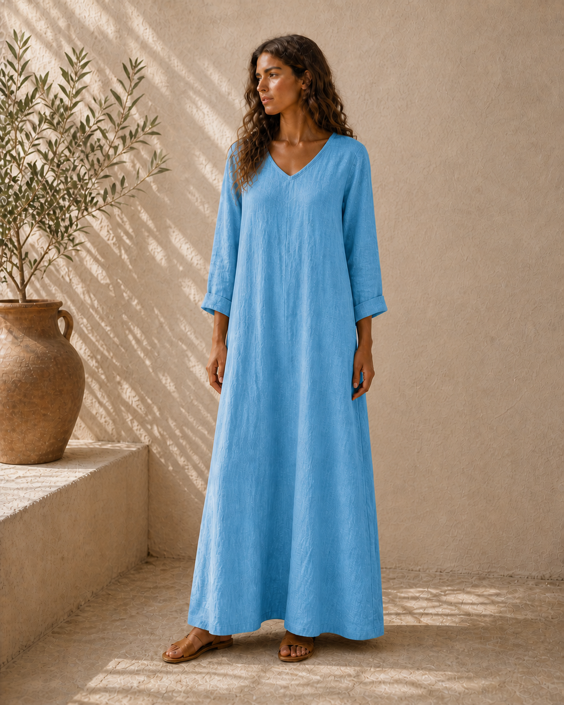 Cove & Linen Long-Sleeve Linen-Blend V-Neck Dress view 8