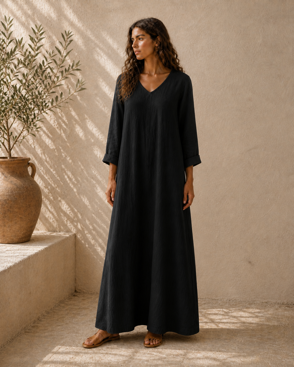Cove & Linen Long-Sleeve Linen-Blend V-Neck Dress view 13