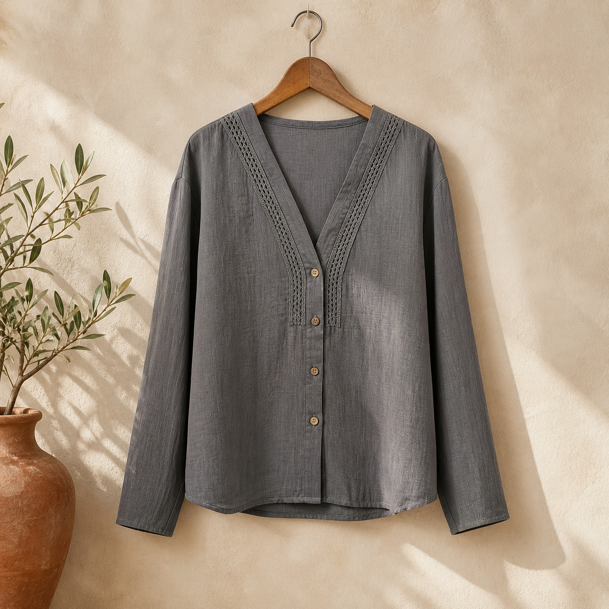 Cove & Linen Loose-Fit Linen-Blend V-Neck Shirt view 7