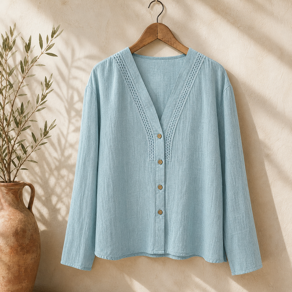 Cove & Linen Loose-Fit Linen-Blend V-Neck Shirt view 1