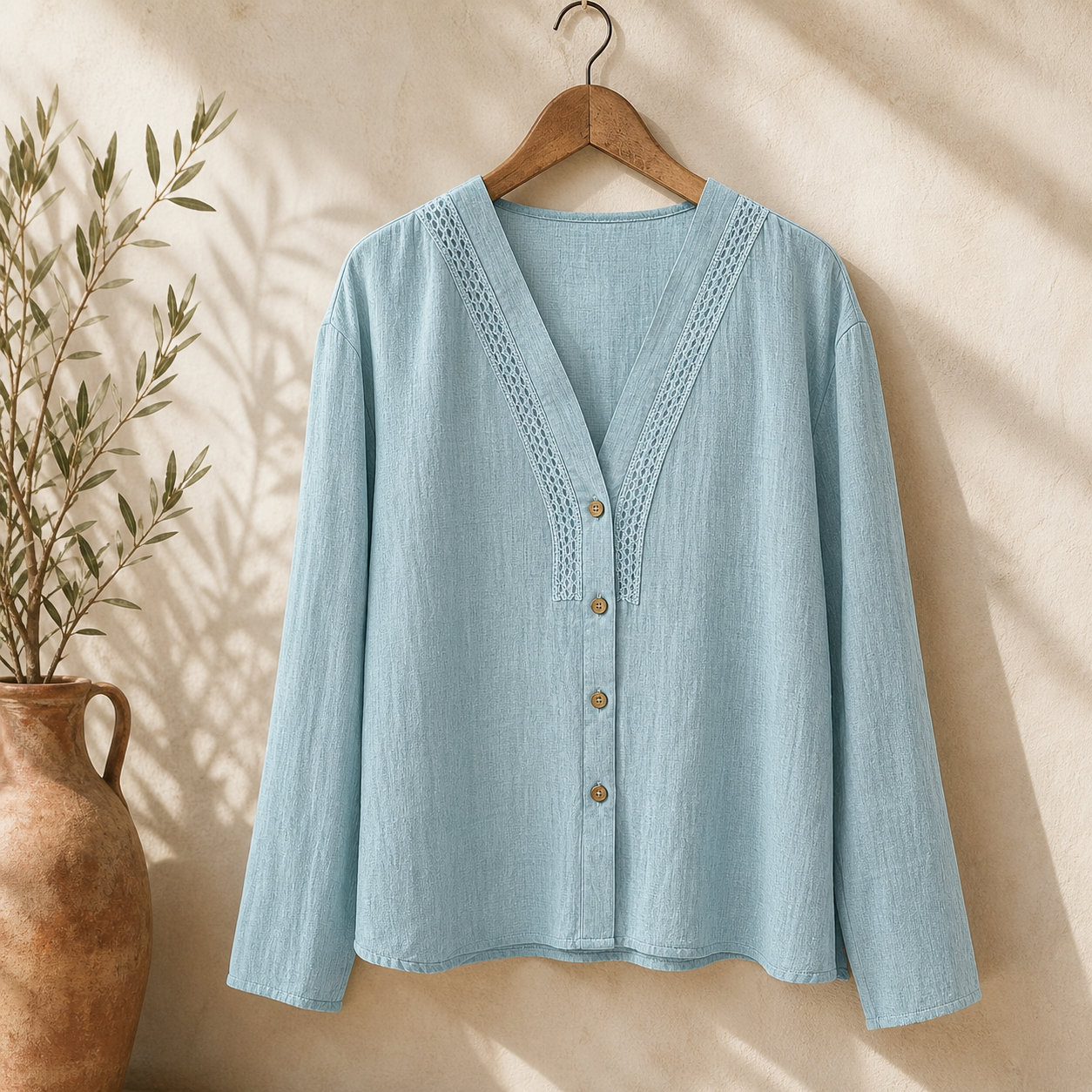 Cove & Linen Loose-Fit Linen-Blend V-Neck Shirt view 1