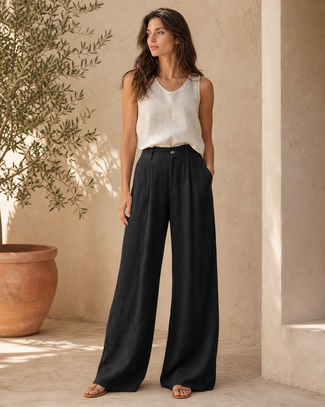 Cove & Linen Elastic-Waist Linen-Blend Wide-Leg Trousers view 8