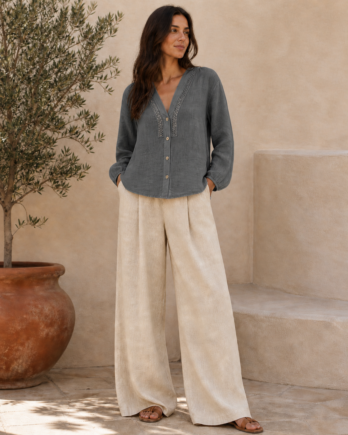 Cove & Linen Loose-Fit Linen-Blend V-Neck Shirt view 8