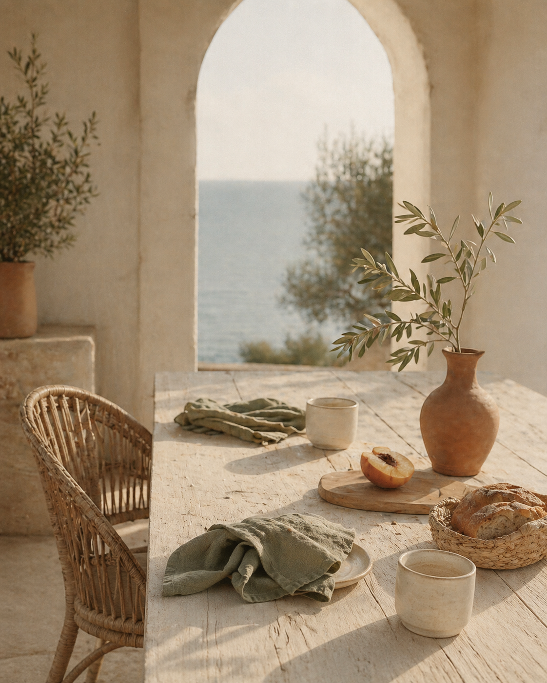 Linen drape. Salt and sun. Slow afternoons.